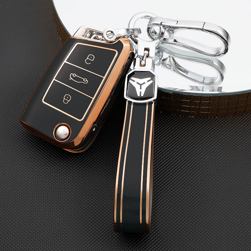 Acto TPU Gold Series Car Key Cover With TPU Gold Key Chain For Skoda Octavia