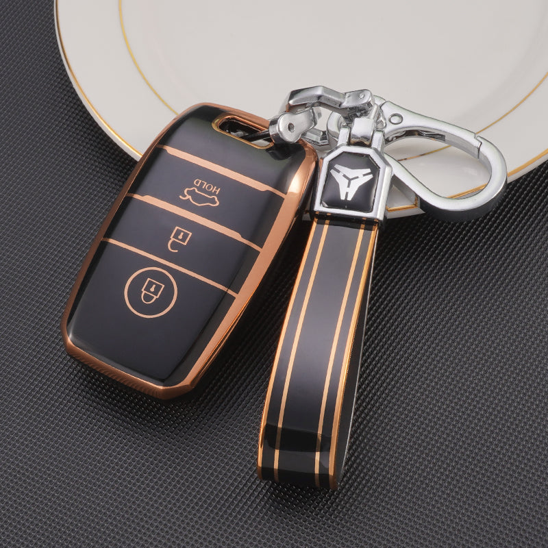 Acto TPU Gold Series Car Key Cover With TPU Gold Key Chain For Kia Carens