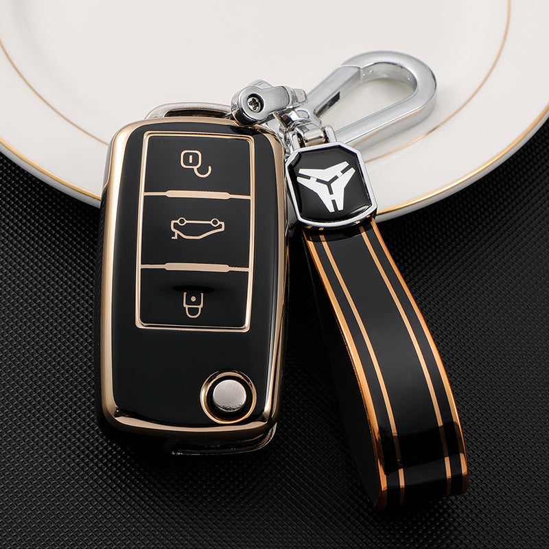 Acto TPU Gold Series Car Key Cover With TPU Gold Key Chain For Skoda Rapid