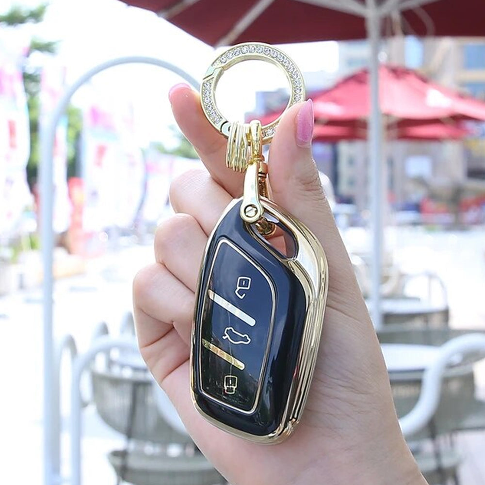 Acto TPU Gold Series Car Key Cover With Diamond Key Ring For MG Comet EV