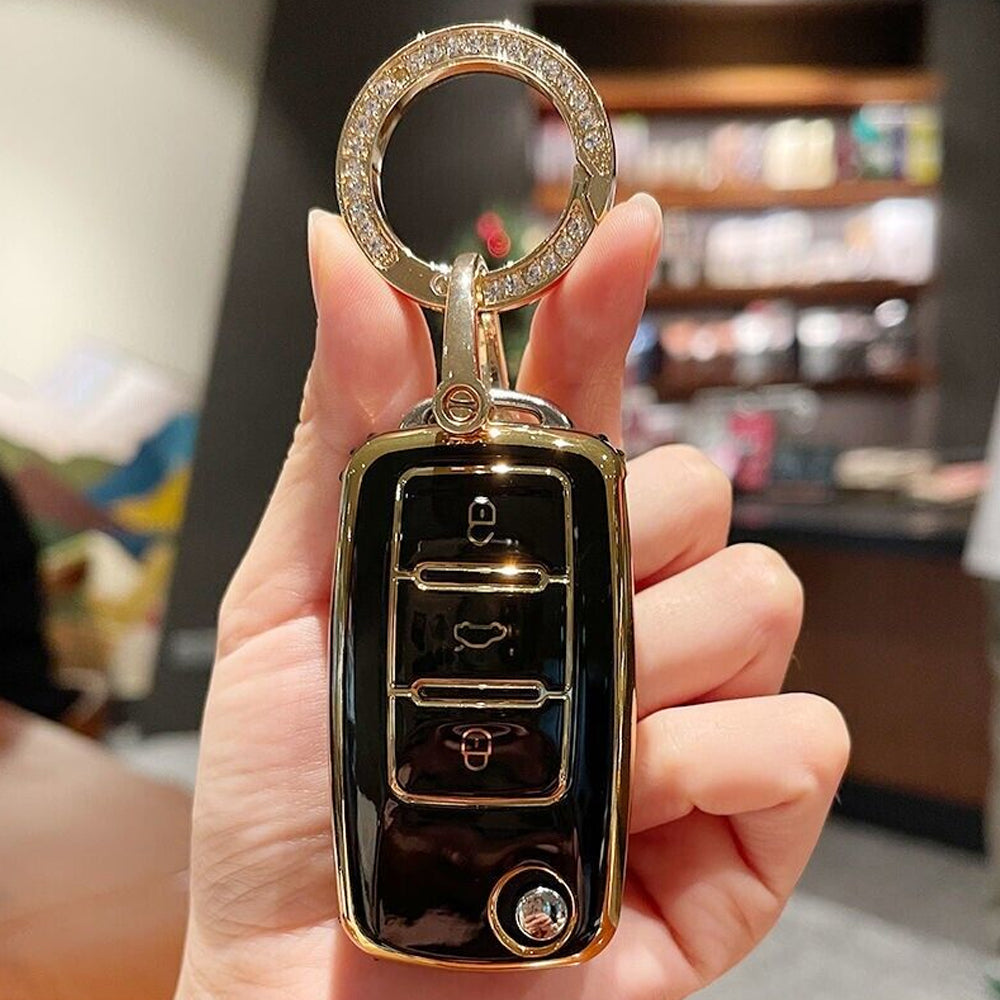 Acto TPU Gold Series Car Key Cover With Diamond Key Ring For Skoda Rapid