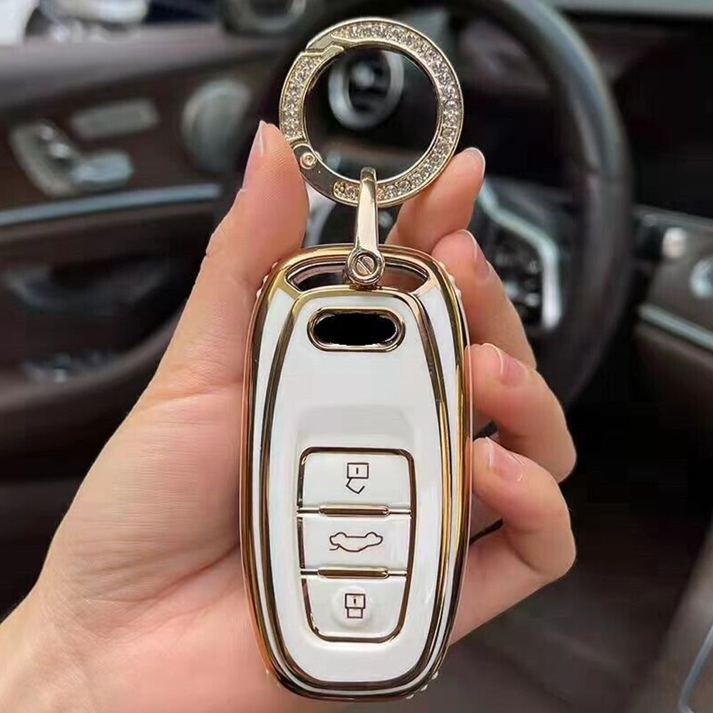Acto TPU Gold Series Car Key Cover With Diamond Key Ring For Audi Q3