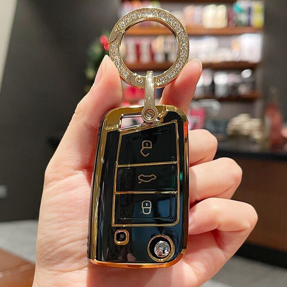 Acto TPU Gold Series Car Key Cover With Diamond Key Ring For Skoda Jetta